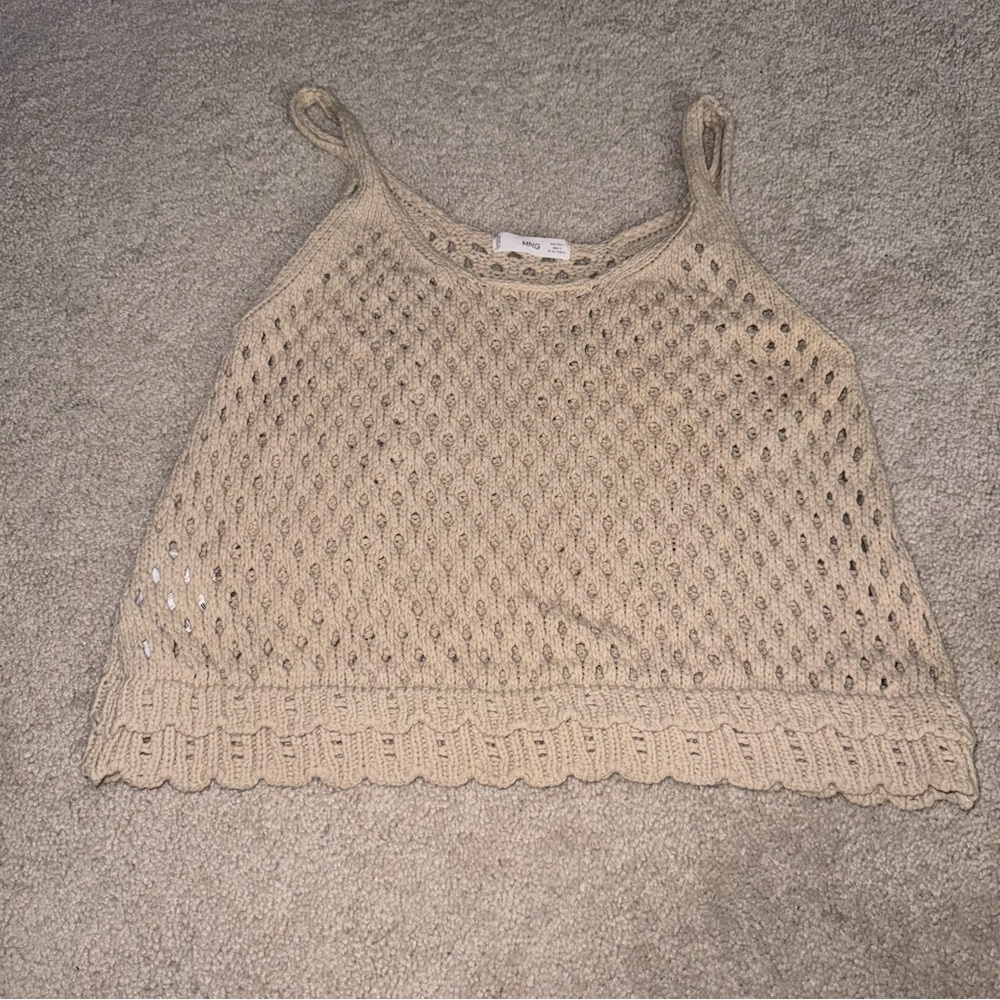 MNG (Mango) Tan Crochet Knit Tank Top – 100% Cotton Size Large EUC